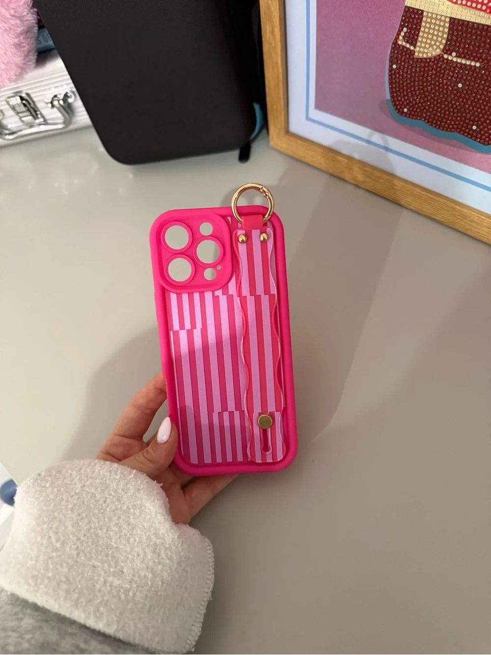 Pink Stripe Handstrap Phone Case with Ring - Blank Brand IPHONE 16 PRO MAX